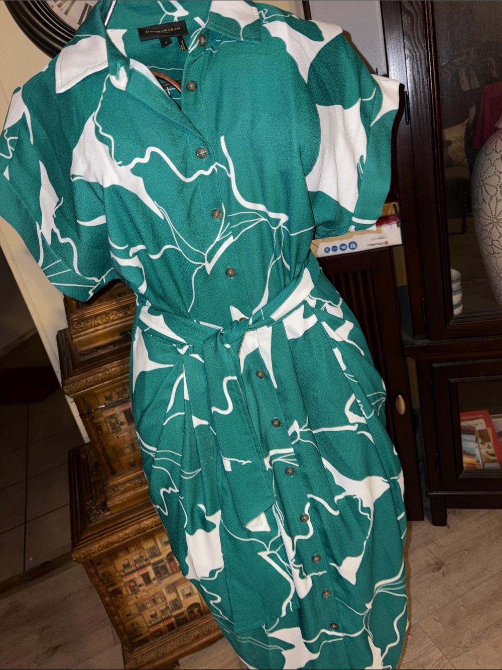 Donna Karan Teal and White Abstract Shirt Midi Dress